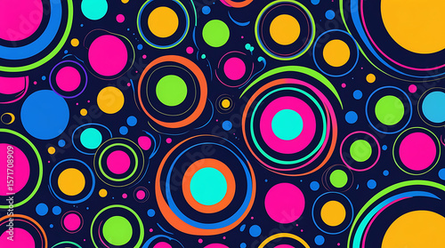 An abstract artwork with colorful circular lines on a dark blue background. The circles vary in size and color, with hues of pink, orange, yellow, green, blue, and purple.