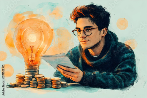 Man reading with a bright lightbulb and stacked coins, in watercolor style, hinting at financial idea