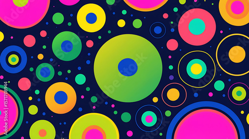 An abstract artwork with colorful circular lines on a dark blue background. The circles vary in size and color, with hues of pink, orange, yellow, green, blue, and purple.