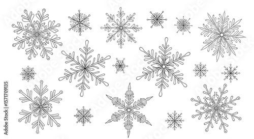 Vintage sketch doodle collection of snowflakes for winter and Christmas design on white background
