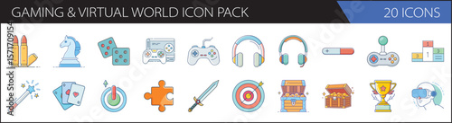 Gaming and Virtual World Vector Icon Pack - Video Game and Fantasy Line Art Set