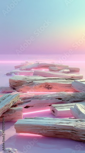 Weathered wood logs on pastel, illuminated pink and blue backdrop