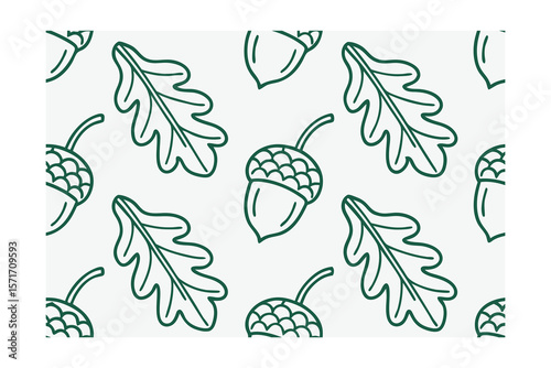 Green outline oak leaves acorns repeating pattern on autumn fall