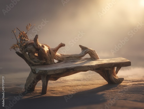 Weathered wooden bench with organic shape, against misty background