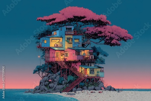 Whimsical illustration of colorful dwellings within a tree on an island