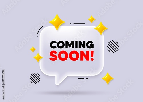 Coming soon chat speech bubble. Social media concept. Coming soon tag. Promotion banner sign. New product release symbol. 3d sparkles chat bubble. Vector