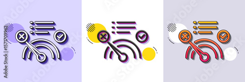 Reject bandwidth meter line icon. Halftone dotted pattern. Gradient icon with grain shadow. No internet sign. Speedometer symbol. Line no internet icon. Various designs. Vector