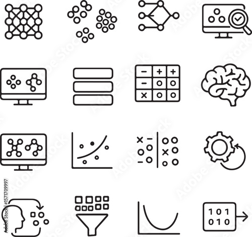 Collection of modern flat design icons representing artificial intelligence machine learning data science and technology concepts