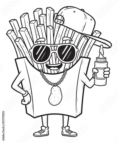 Cartoon French Fry Character with Sunglasses, Cap, and Sauce