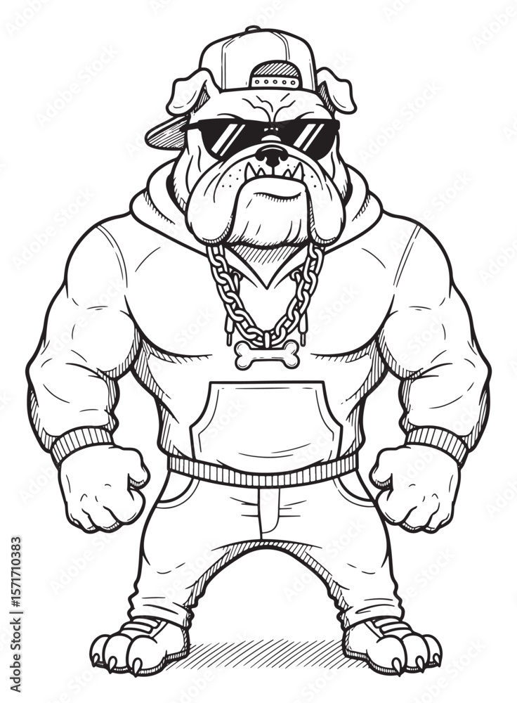 Obraz premium Bulldog Cartoon Character with Muscular Build, Wearing a Baseball Cap, Sunglasses, Hoodie, Jeans and Dog Bone Chain, Black and White Line Art