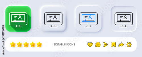Online Video Education line icon. Neumorphic, Flat shadow, 3d buttons. Computer with Online lecture sign. Web player symbol. Line online video icon. Social media icons. Vector