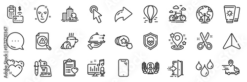 Pos terminal, Cut and Food delivery line icons pack. Share, Message, Paper plane icons. Cursor, Coffee break, Health skin web icon. Bike rental, Search document, Delivery truck pictogram. Vector