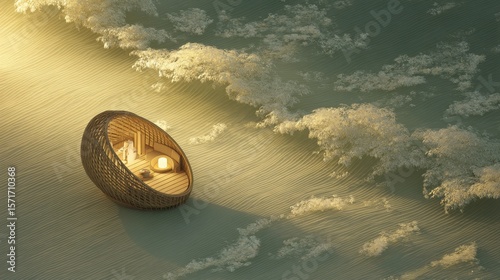 Wicker pod on beach near crashing wave, lit with warm light