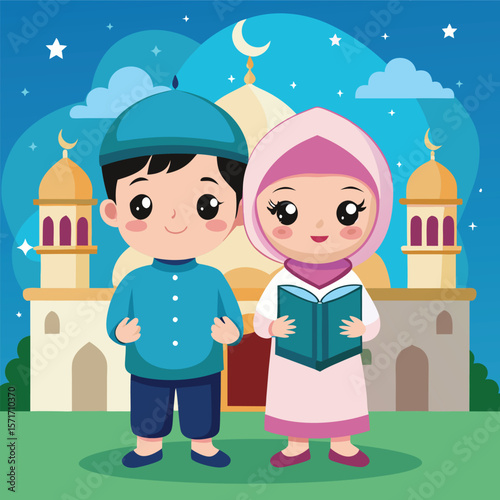 Muslim children praying at a mosque at night