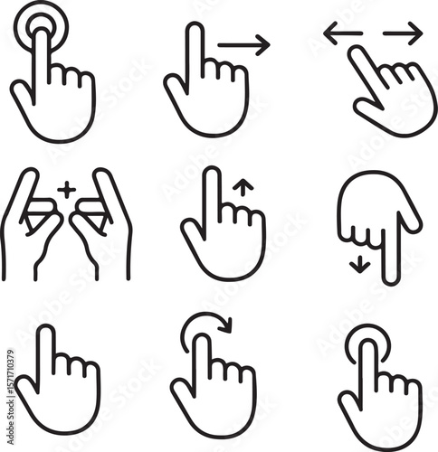 Collection of black outline hand gesture icons for touch screen interaction including tap pinch zoom swipe rotate and scroll actions