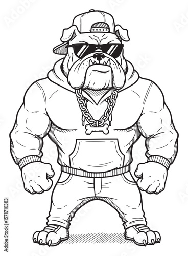 Bulldog Cartoon Character with Muscular Build, Wearing a Baseball Cap, Sunglasses, Hoodie, Jeans and Dog Bone Chain, Black and White Line Art