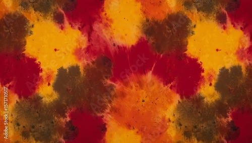A vibrant tiedye pattern with swirls of red, orange, and brown