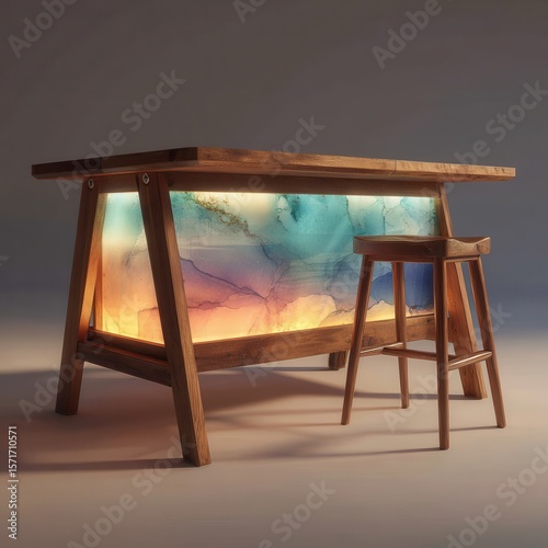 Wooden bar with colorful backlit panel and stool