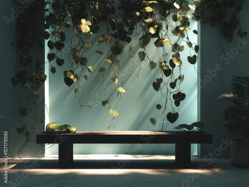 Wooden bench beneath cascading green vines, sunlit interior