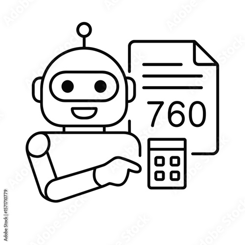 Line icon of AI robot calculating credit score using calculator and digital report