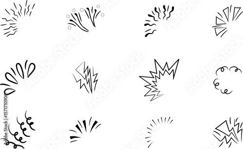 A collection of hand-drawn icons depicting bursts, explosions, confetti, and surprise rays in a continuous line art style. Each design showcases dynamic, expressive energy using abstract shapes like z