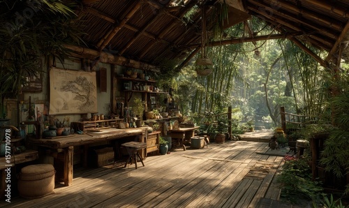 Wooden interior with art supplies and lush greenery outside