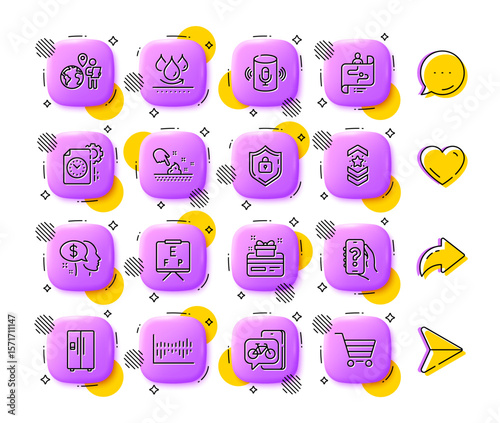 Shield, Pay and Vision board line icons. App 3d buttons. Social media comment, share, like icons. Pack of Help app, Shoulder strap, Skin moisture icon. Vector