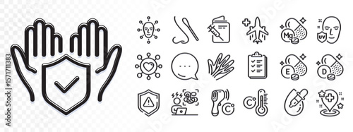 Face biometrics, Vitamin d and Dating line icons for web app. Glare of light effect. Message icon. Pack of Celsius thermometer, Uv protection, Medical flight pictogram icons. Vector