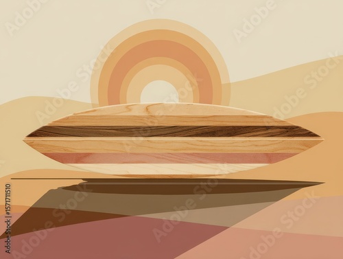 Wooden object over desert landscape with sun