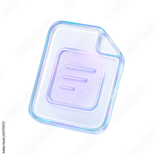 Transparent, glossy document icon representing digital paperwork and modern technology, emitting a futuristic glow