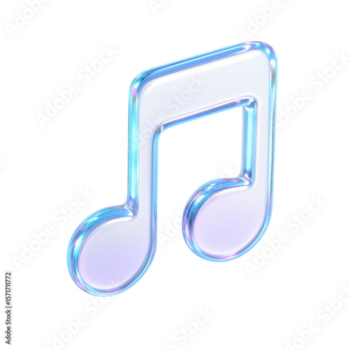 Semitransparent crystal icon of Colorful iridescent musical note symbol glowing against a dark background, signifying creativity, art, and sound, inspiring joy and passion for music.