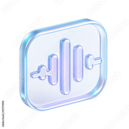 Futuristic audio waveform icon in translucent material, radiating vibrant colors, symbolizing digital sound technology and modern creativity.