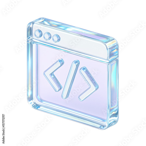  transparent browser window icon featuring coding symbols, reflecting digital technology and innovation with a modern aesthetic in vibrant colors.