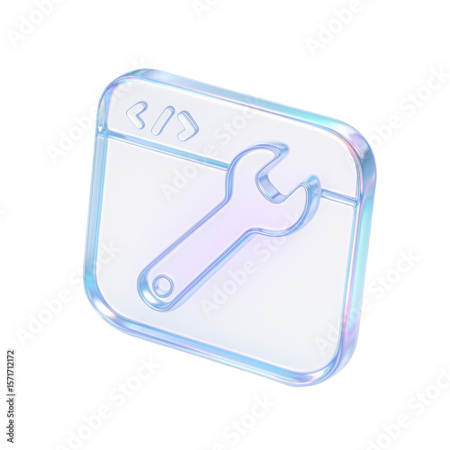 Modern translucent icon featuring a wrench symbolizing digital tools and software development processes in a sleek and futuristic design with soft glowing effects.