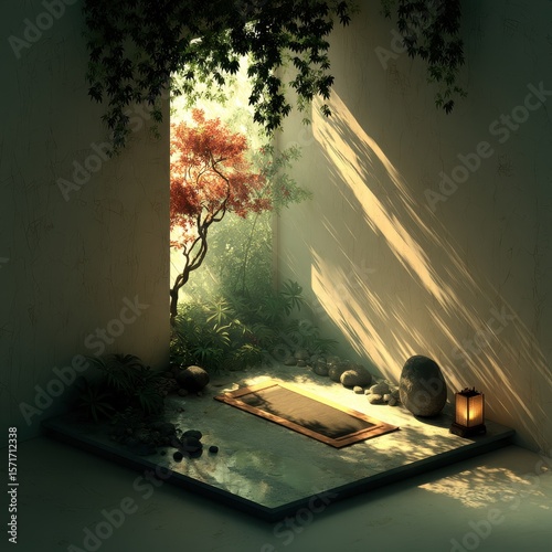 Zen-like interior with light casting on a yoga mat and plants