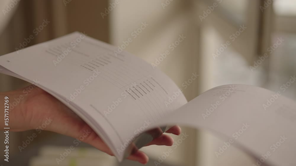 Ufa, Russia - 1 April 2025. Woman flipping through pages of paper manual, exploring instructions for new device at home, close-up. Person browsing manual pages, reading detailed device instructions.