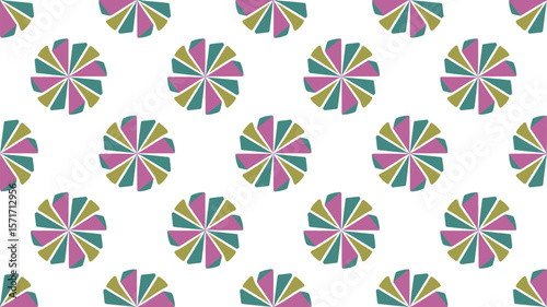 Repeating pattern of colorful pinwheel shapes on a light background surface art