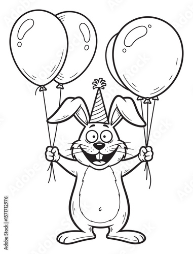 Cartoon Outline of a Party Rabbit Holding Balloons
