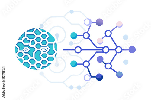 Abstract digital brain with interconnected nodes and hexagonal patterns on black background
