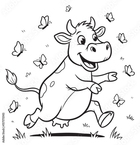 Cartoon Cow Chasing Butterflies in a Field - Black and White Illustration