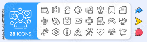 Tech line icons. Interest rate, AI generate, Inflation icons. Game console, Joystick gamepad and Quiz report set. Microphone tech, Radio set and Report reminder icons. Vector