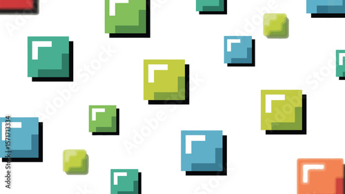 A scattered array of pixelated squares in various colors on a light background