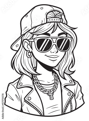 Stylish Woman with Cap, Sunglasses, and Leather Jacket - Black and White Line Art Illustration