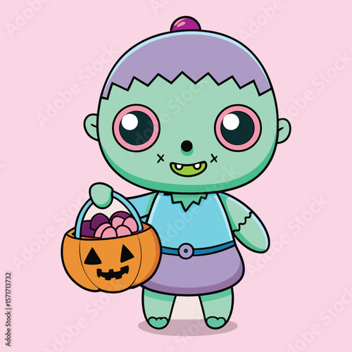 Cute cartoon zombie girl with pumpkin candy bucket illustration