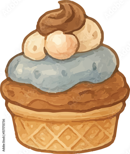 Colorful cupcake with waffle base, swirled frosting in brown, cream, and blue layers. Delicious bakery treat with vibrant, detailed textures, perfect for dessert themes