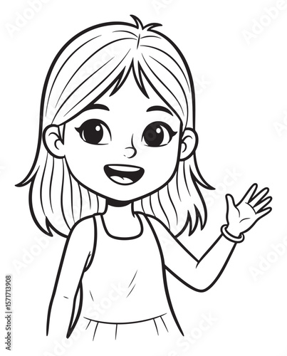 Cartoon Outline of a Smiling Girl Waving