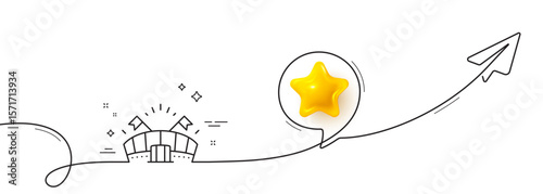 Sports arena line icon. Continuous line with share plane. Stadium with flags sign. Sport complex symbol. 3d star in speech bubble. Sports arena single line ribbon. Loop curve pattern. Vector