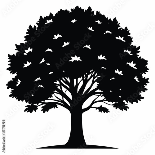 Black silhouette of a leafy deciduous tree featuring flowers and detailed branches, lush crown