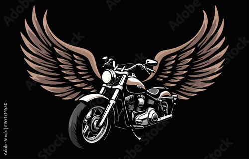 Vector t-shirt design with biker motorcycle, wings
on black background.
Fashionable print for fabric, paper, men clothing,
hoodie, biker jacket. Cartoon t shirt template.