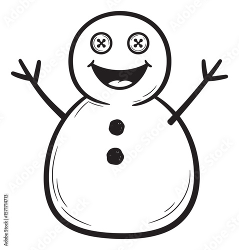 Black and White Line Art Illustration of a Happy Snowman with Button Eyes and Coal Buttons